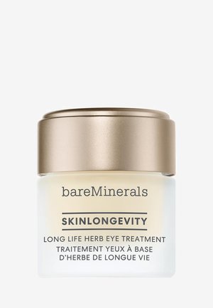 BareMinerals Skinlongevity Augentreatment in einem gefrosteten Glasbehälter mit einem goldenen Deckel. Das Etikett zeigt den Produktnamen und die Beschreibung in klarer Schrift.