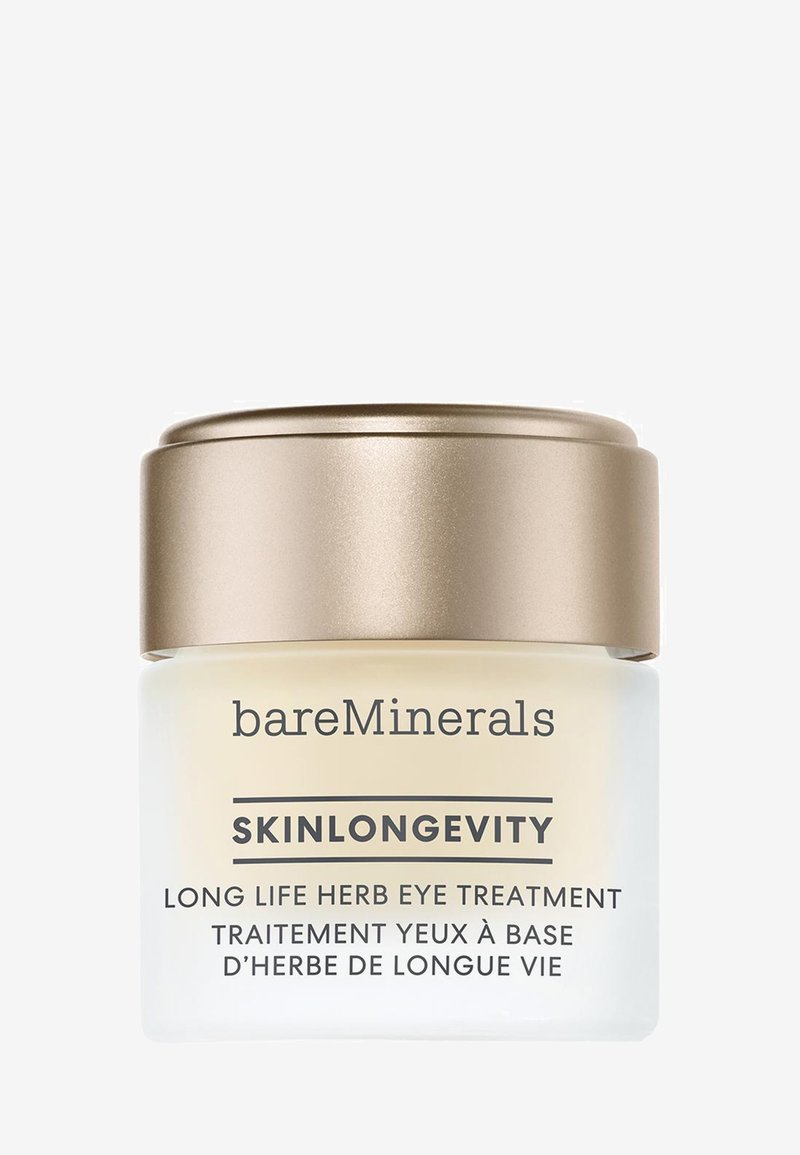 BareMinerals Skinlongevity eye treatment in a frosted glass jar, with a gold lid. Label features product name and description in clear text.