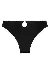 Zwarte string gemaakt van gladde stof, met een ronde uitsparing aan de achterkant. De randen zijn afgewerkt met een delicate geschulpte rand.