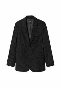 Černý blejzr s jemným květinovým vzorem, s klopovým límcem, dvěma předními knoflíky a kapsami s klopami, střední velikost.