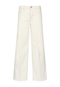 Jeans à jambes larges en denim blanc cassé avec des coutures subtiles. Dispose d'une fermeture à bouton et d'un design à cinq poches. Texture douce et coupe décontractée.