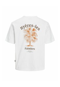 Valge puuvillane T-särk, millel on oranž palmi puu graafika ja tekst "Hyères-les Palmiers" seljal. Lühikesed varrukad, standardne lõige.