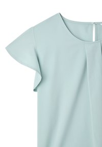 Blusa verde menta chiaro con maniche corte a cascata, scollatura tonda e apertura a occhiello sul retro. Tessuto morbido con una leggera lucentezza.