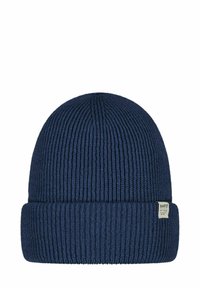Berretto beanie blu navy con texture a coste, presenta un risvolto e un'etichetta tessuta sul lato per il branding. Tessuto morbido lavorato a maglia.