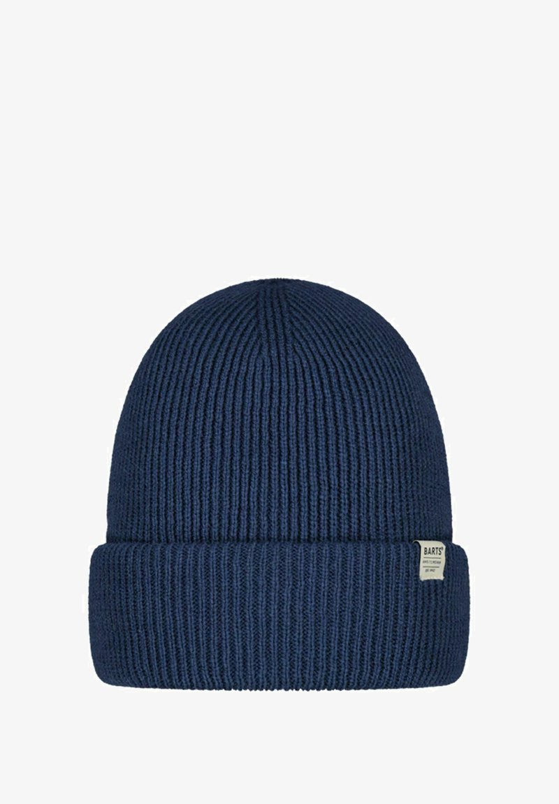 Marineblå hue med ribbet tekstur, har en foldet kant og en vævet label på siden til branding. Blødt strikket stof.