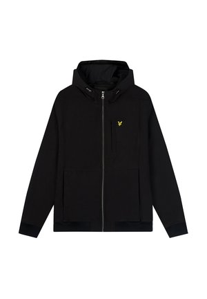 Haut à capuche noir avec fermeture éclair à l'avant, grandes poches et un petit logo jaune sur la poitrine. Tissu lisse et capuche ajustable.