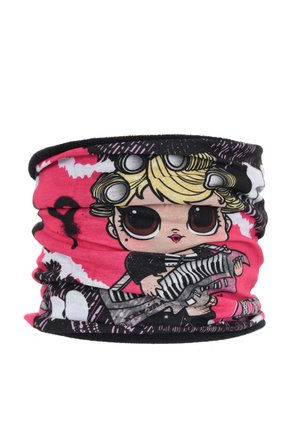 Gaiter per il collo multicolore con una ragazza cartone animato con un paio di rollers e una chitarra, su uno sfondo rosa e nero, realizzato in tessuto elasticizzato.