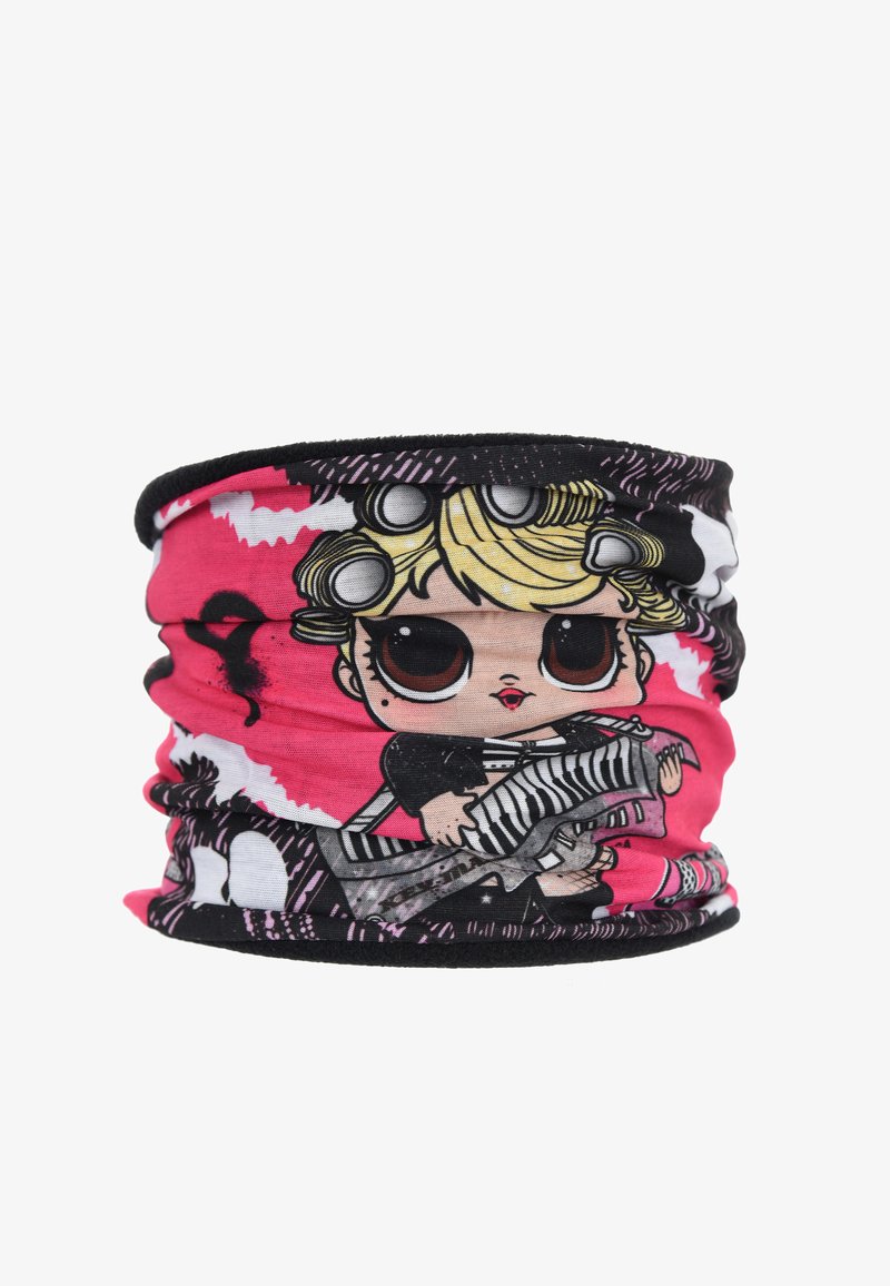 Gaiter per il collo multicolore con una ragazza cartone animato con un paio di rollers e una chitarra, su uno sfondo rosa e nero, realizzato in tessuto elasticizzato.