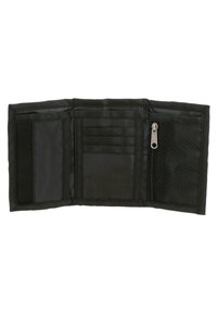 Cartera negra de nailon de tres pliegues con bolsillo transparente para identificación, múltiples ranuras para tarjetas, bolsa de malla con cremallera y panel de cierre de velcro, desplegada completamente y abierta.
