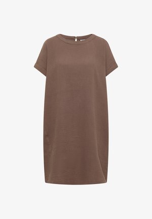 Robe marron à manches courtes texturée avec un col rond et une fermeture à bouton goutte dans le dos.