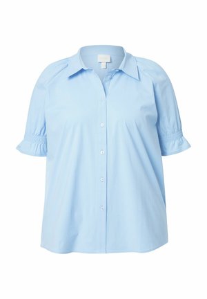 Vaaleansininen napitettava paita, jossa on lyhyet, kerätyt hihat ja löysä istuvuus. Valmistettu pehmeästä kankaasta, jossa on sileä pinta ja kauluskappale.