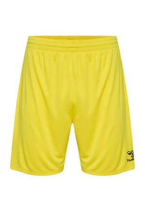 Geel sportshorts met een elastische tailleband, een soepele textuur en een zwart logo gedrukt op de rechteronderkant.