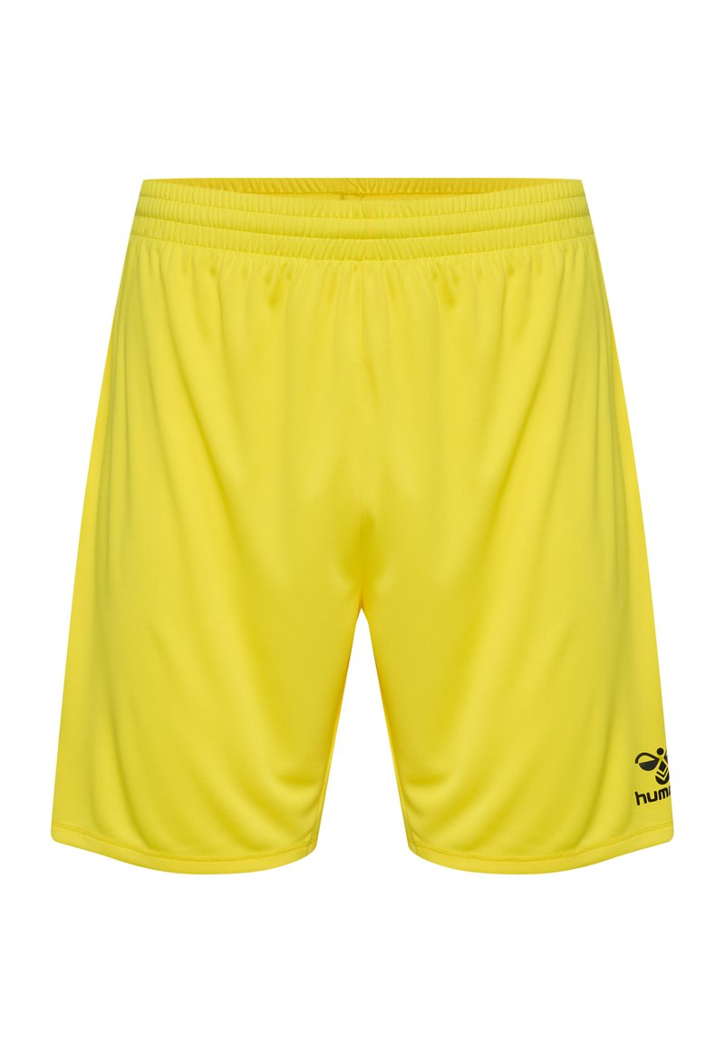 Gula sportshorts med resårmidja, slät textur och en svart logotyp tryckt på nedre högra sidan.