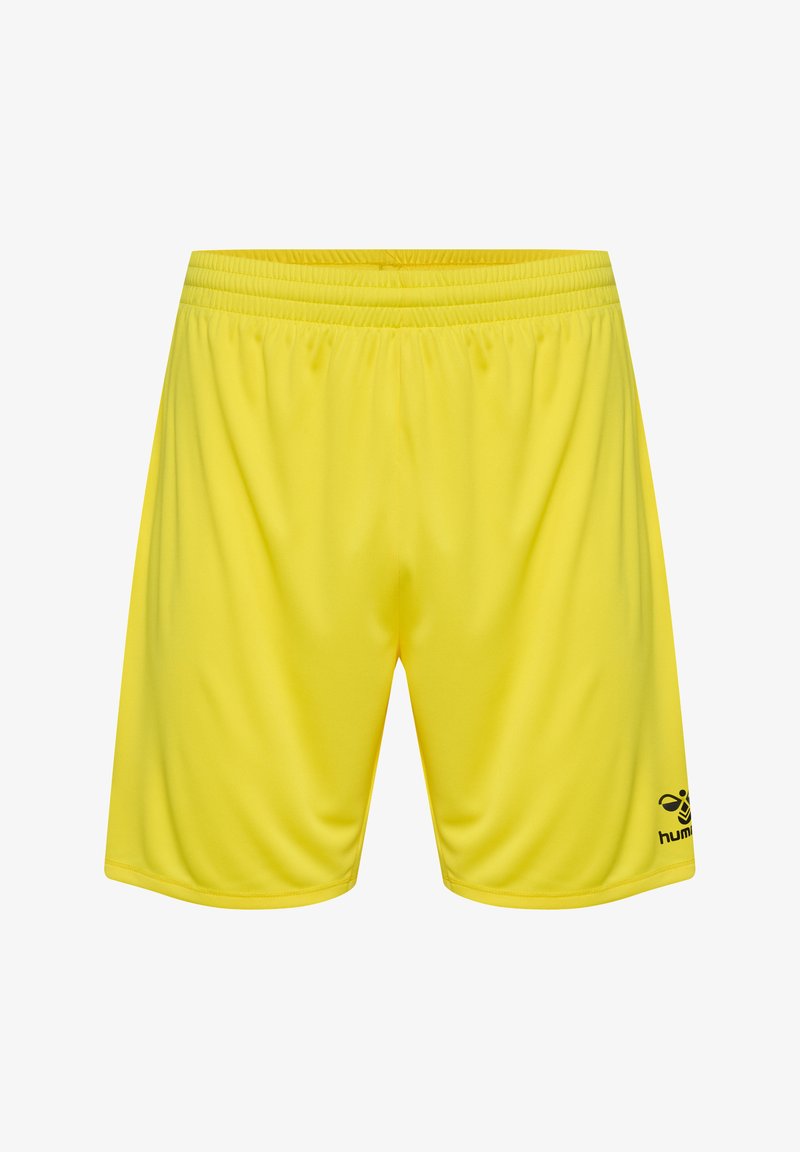 Gula sportshorts med resårmidja, slät textur och en svart logotyp tryckt på nedre högra sidan.