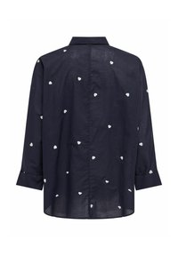 Navy button-up shirt featuring white heart patterns, long sleeves, a collar, and a straight back hem. Made from lightweight fabric.