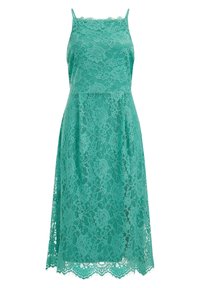 Lace dress in teal with spaghetti straps. Features floral patterns and scalloped hemline, showcasing intricate texture and lightweight design.