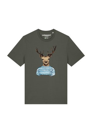 Olive green t-shirt featuring a deer with antlers illustrated in a striped blue and white shirt. Plain crew neckline and short sleeves.