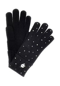 Gants tricotés noirs avec des strass éparpillés,poignet côtelé, avec une étiquette logo blanche à la base. Texture douce, design à cinq doigts.
