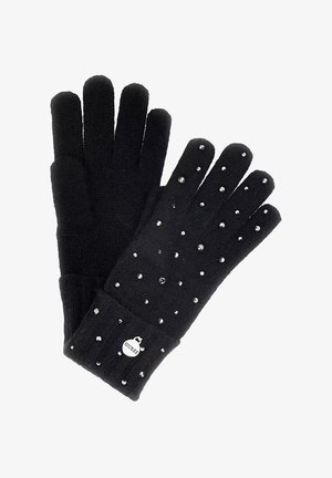 Gants tricotés noirs avec des strass éparpillés,poignet côtelé, avec une étiquette logo blanche à la base. Texture douce, design à cinq doigts.