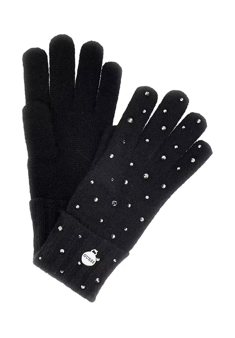 Gants tricotés noirs avec des strass éparpillés,poignet côtelé, avec une étiquette logo blanche à la base. Texture douce, design à cinq doigts.