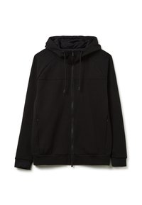 Felpa nera con zip realizzata in tessuto morbido, dotata di cappuccio, cordini, polsini a coste e una texture liscia con dettagli di cucitura minimi.