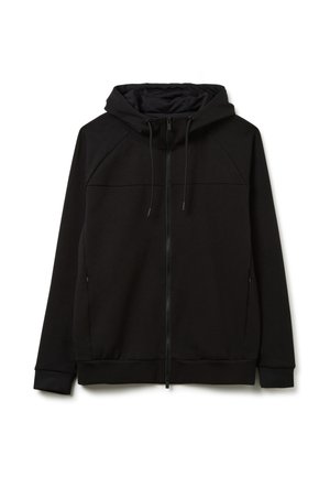 Schwarze Zip-Hoodie aus weichem Stoff, ausgestattet mit Kapuze, Kordelzügen, gerippten Bündchen und einer glatten Textur mit minimalen Nähten.