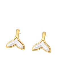 Orecchini in tono oro a forma di code di balena, con una superficie interna bianca liscia. Presentano una forma elegante e moderna con curve sottili.