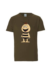 Grünes Baumwoll-T-Shirt mit einer Cartoon-Biene, die einen schwarz-gelb gestreiften Körper und ein lächelndes Gesicht hat und auf zwei Füßen steht.