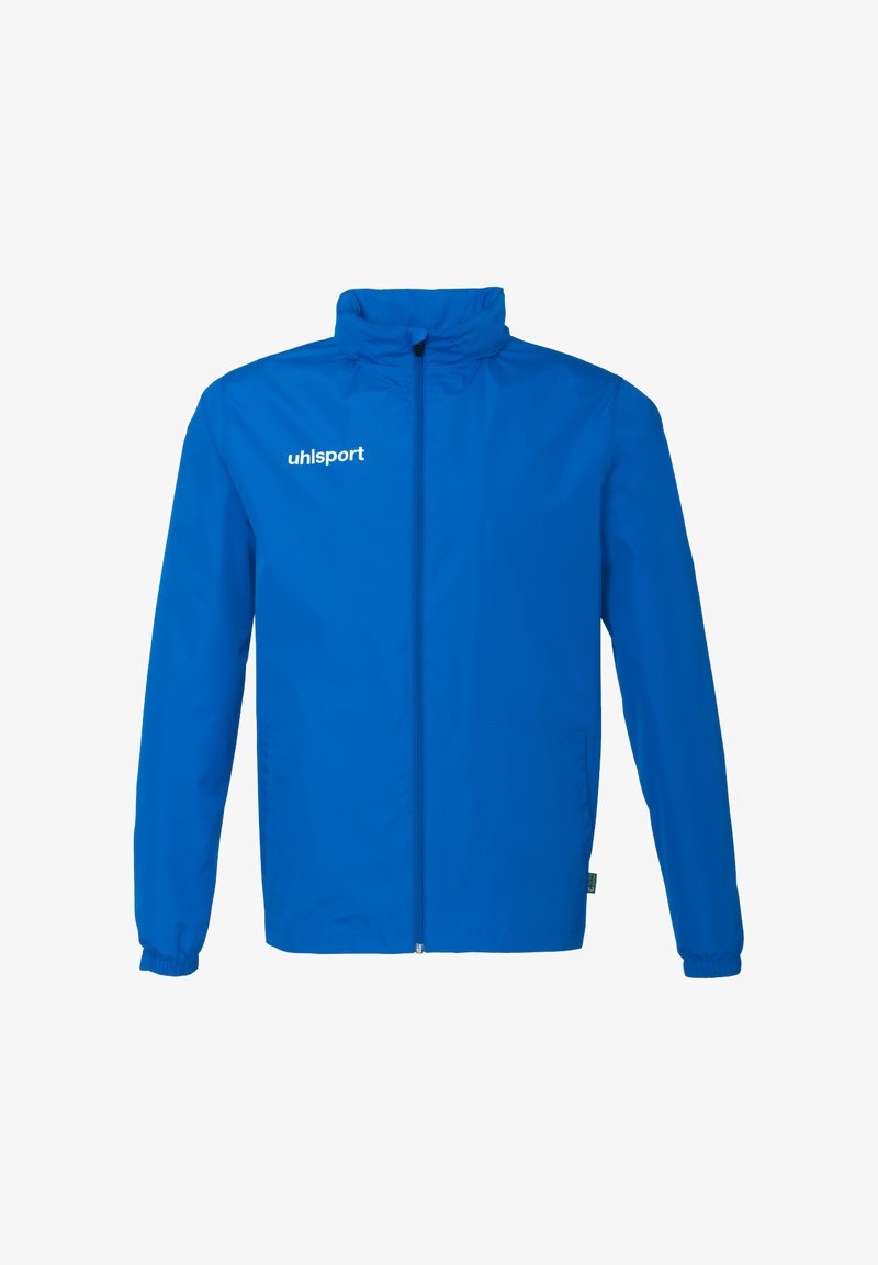 Veste légère bleue en nylon, dotée d'une fermeture éclair intégrale, d'un col montant et du logo "uhlsport" en blanc sur la poitrine gauche.