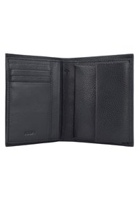 Czarny skórzany portfel o teksturowanym wykończeniu, z wieloma miejscami na karty i przegródkami do organizacji. Kompaktowy i składany design.
