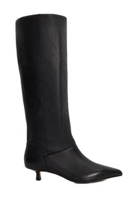 Black leather knee-high boot with a fitted design, pointed toe, and a low heel. Smooth texture with minimal stitching details.