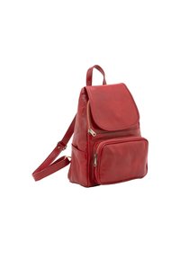 Rode leren rugzak met een klep sluiting, voorzak met rits, verstelbare schouderbanden en een gladde textuur. Compact en praktisch ontwerp.