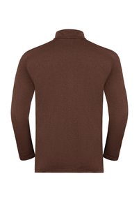 Brauner Langarm-Turtleneck-Pullover, von hinten gezeigt, mit einfacher Naht und ohne sichtbare Logos oder Muster.