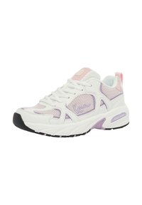 White sneaker with purple accents and mesh detailing. Features a cushioned sole, rounded toe, and laces. Branding visible on the side.