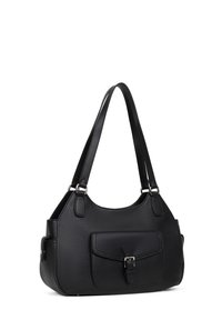 Borsa a mano in pelle nera con finitura testurizzata, dotata di una tasca frontale con dettagli a fibbia e due spallacci spessi.