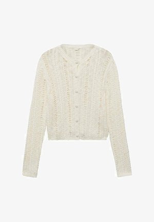 White knitted cardigan with long sleeves, a rounded neckline, and button closure, featuring a textured pattern and cropped design.
