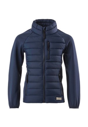 Granatowa pikowana kurtka z przednim suwakiem, zapinanymi na zamek kieszeniami na piersi i po bokach, wysokim kołnierzem oraz elastycznymi mankietami.