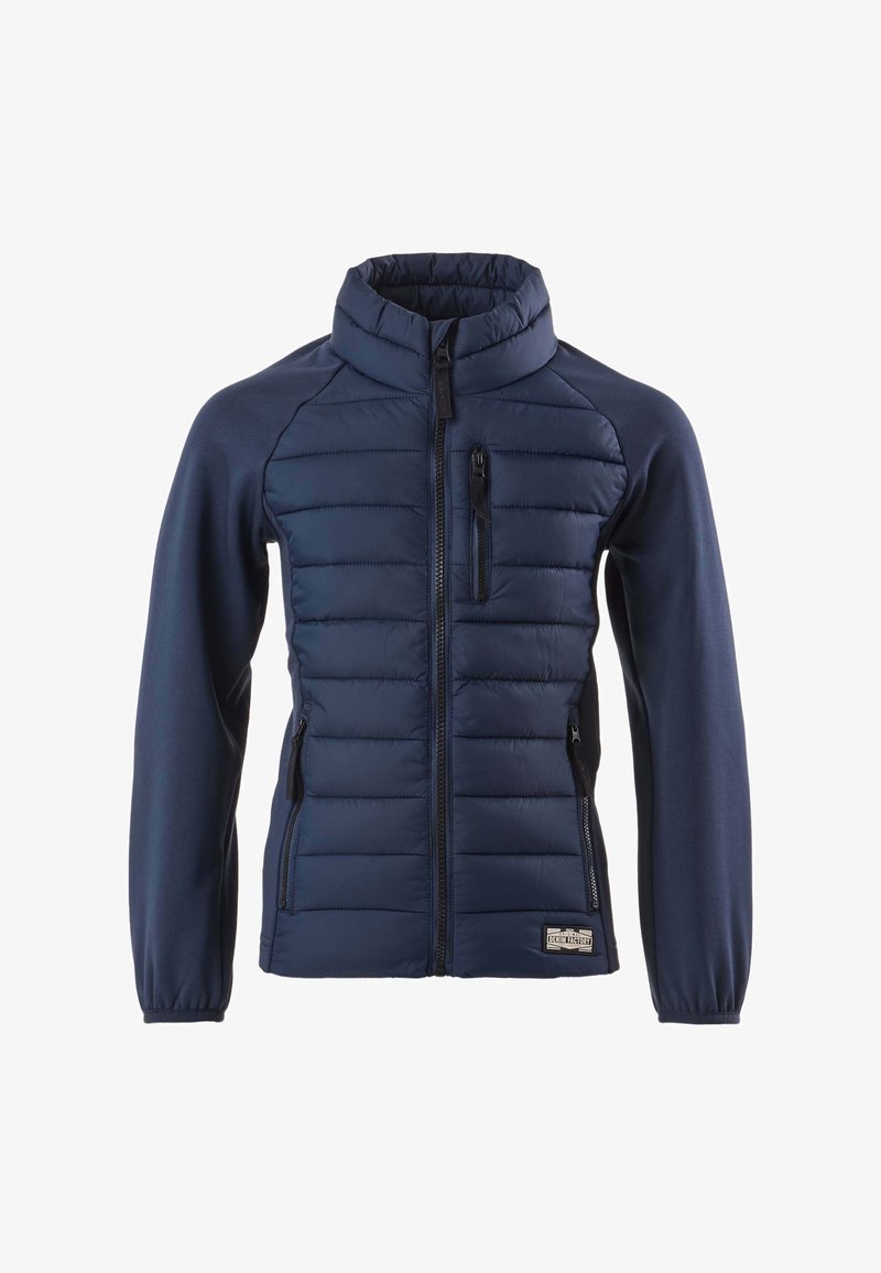 Marineblaue gesteppte Jacke mit Reißverschluss vorne, Reißverschlusstaschen auf der Brust und an den Seiten, hohem Kragen und elastischen Bündchen.