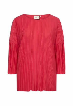 Red pleated top with a round neckline and three-quarter balloon sleeves, featuring a smooth texture and a loose fit.