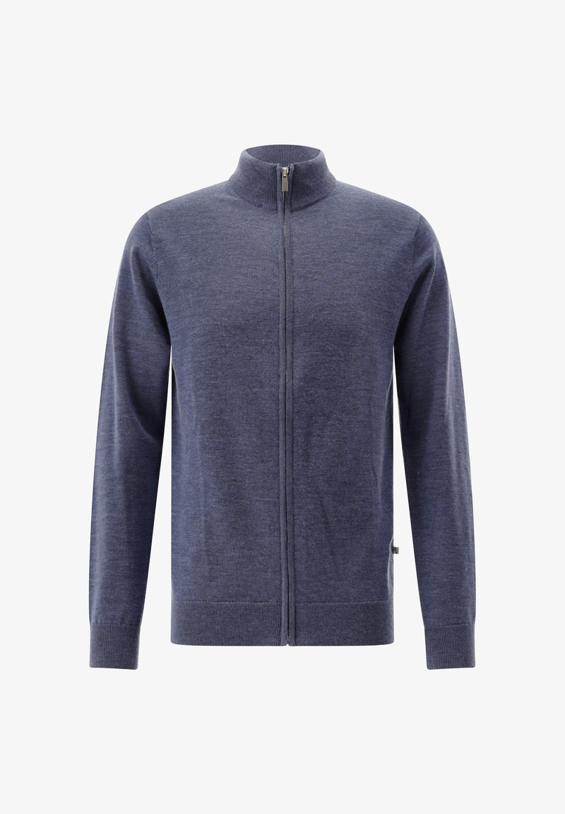 Blaues Herren-Langarm-Zip-Up-Sweatshirt mit gerippten Bündchen und Kragen, vor einem weißen Hintergrund präsentiert.