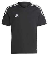 Černé sportovní tričko s krátkým rukávem a výstřihem do V, s třemi bílými pruhy na ramenou a logem Adidas na hrudi.