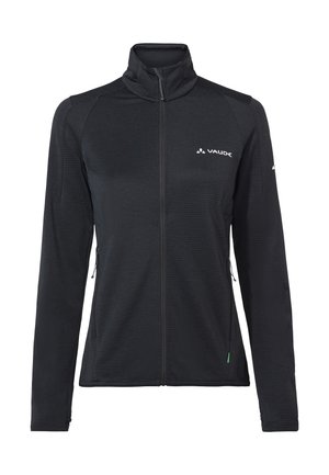 Zwarte Vaude-jas met volledige ritssluiting, hoge kraag, lange mouwen, zijzakken met rits en logo op de borst en linker mouw.
