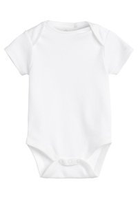Short-sleeve white bodysuit made from soft cotton. Features snap closures at the bottom and a round neckline with soft edges.