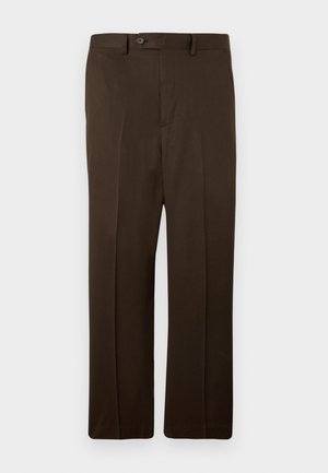 Pantalon formel marron foncé pour homme, coupe droite, passants pour ceinture, bouton frontal et fermeture éclair dissimulée.