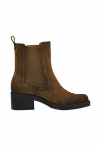 Bottine Chelsea en daim marron avec panneau latéral élastique, languette à l'arrière, bout arrondi et petit talon bloc noir.