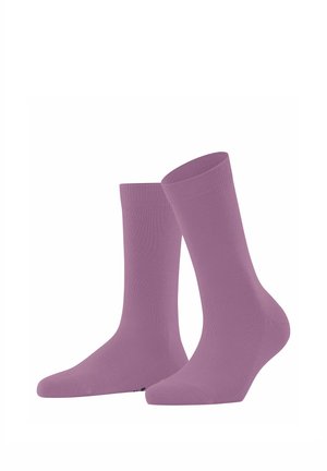 Paar einfarbige violette Socken bis zur Mitte der Wade mit geripptem Bündchen, aufrecht stehend vor weißem Hintergrund dargestellt.