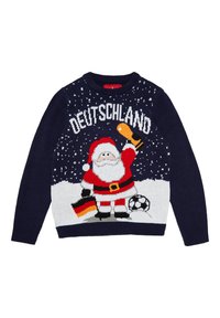 Marineblå sweater med et strikket design af Julemanden, der holder et trofæ og det tyske flag, med teksten "DEUTSCHLAND" og snefnugmønster.