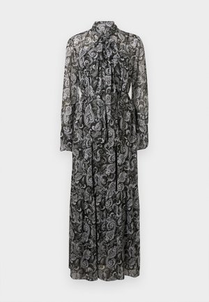 Maxi dress nero trasparente con motivo paisley bianco, maniche lunghe, colletto alto e accentuazione a fiocco legato sullo scollo, con vita arricciata.