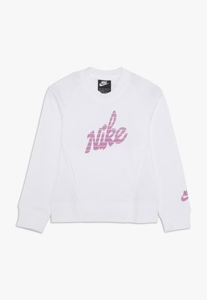 Hvid Nike-sweatshirt med lange ærmer og pinkstribet "Nike"-logo på brystet samt lille pink logo på venstre ærmekant.