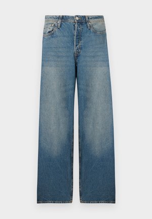 Svetlo modri široki kavbojke iz denima z visokim pasom, petimi žepi in pobledelimi področji za vintage videz.